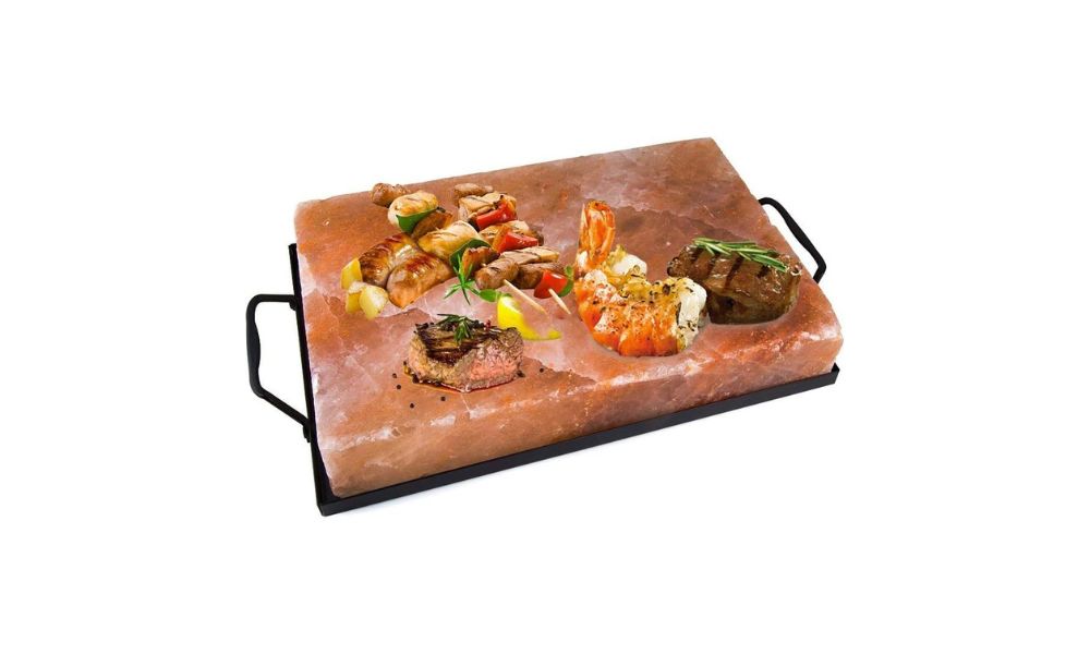 Plancha de sal rosa del Himalaya 30 x 20 cm con soporte para cocinar carne, pescado - Magic Salt® Lighting For Your Soul